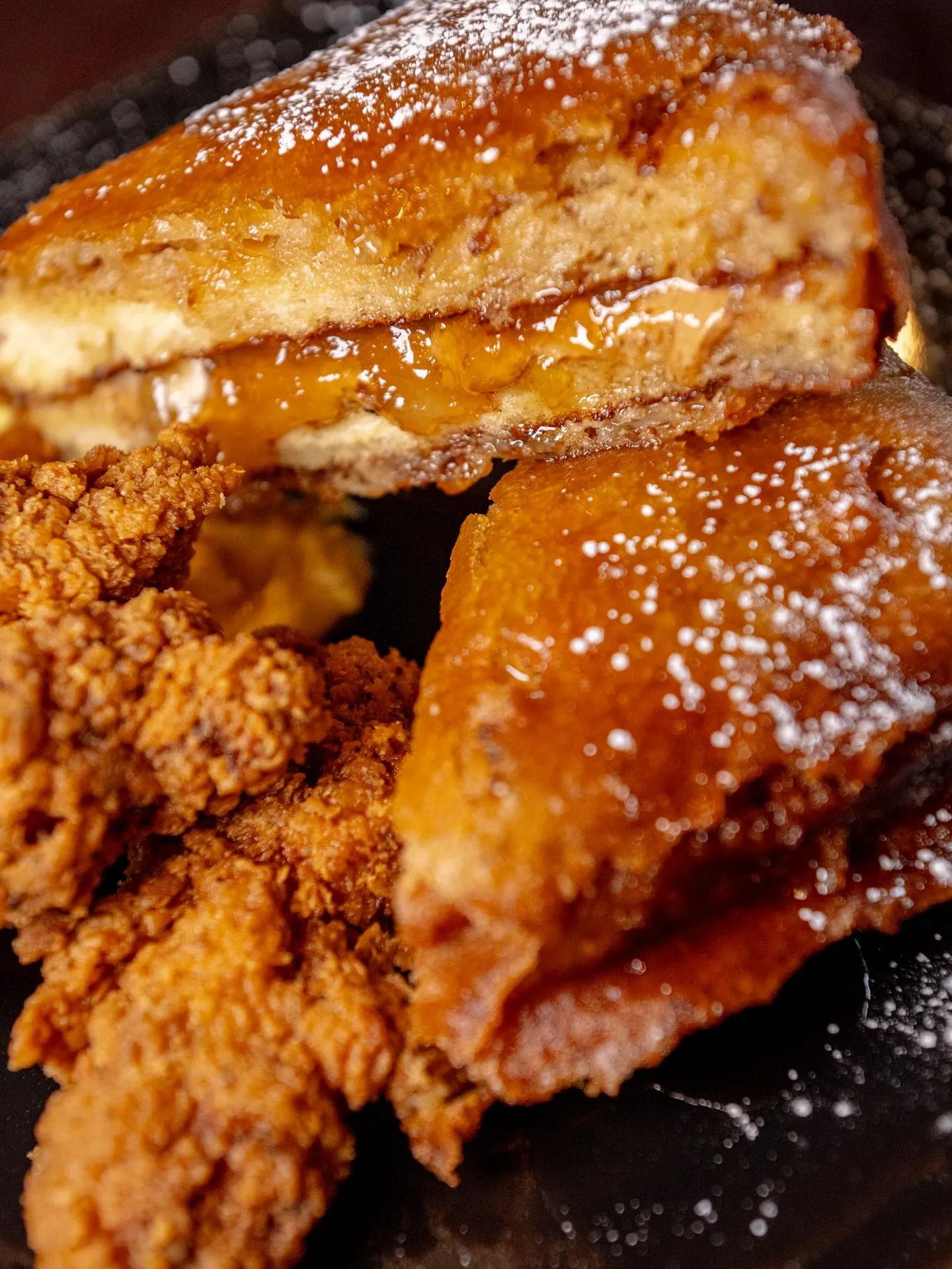 Peach cobbler French toast with fried chicken