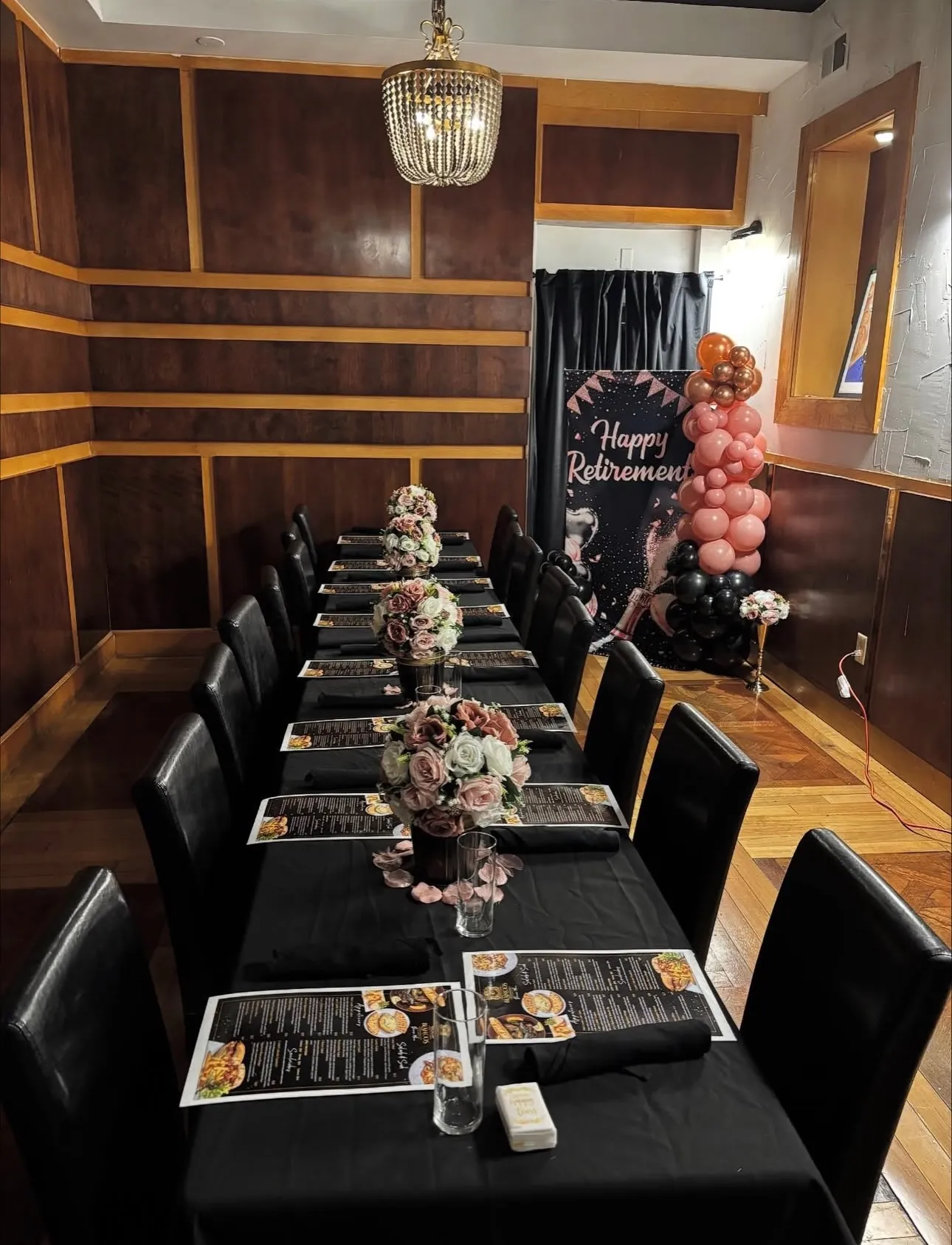 Downstairs room set for a party