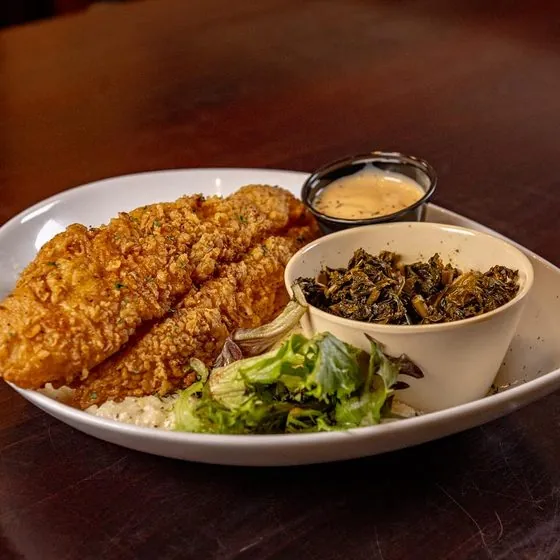 Cajun buttermilk fried catfish with sides