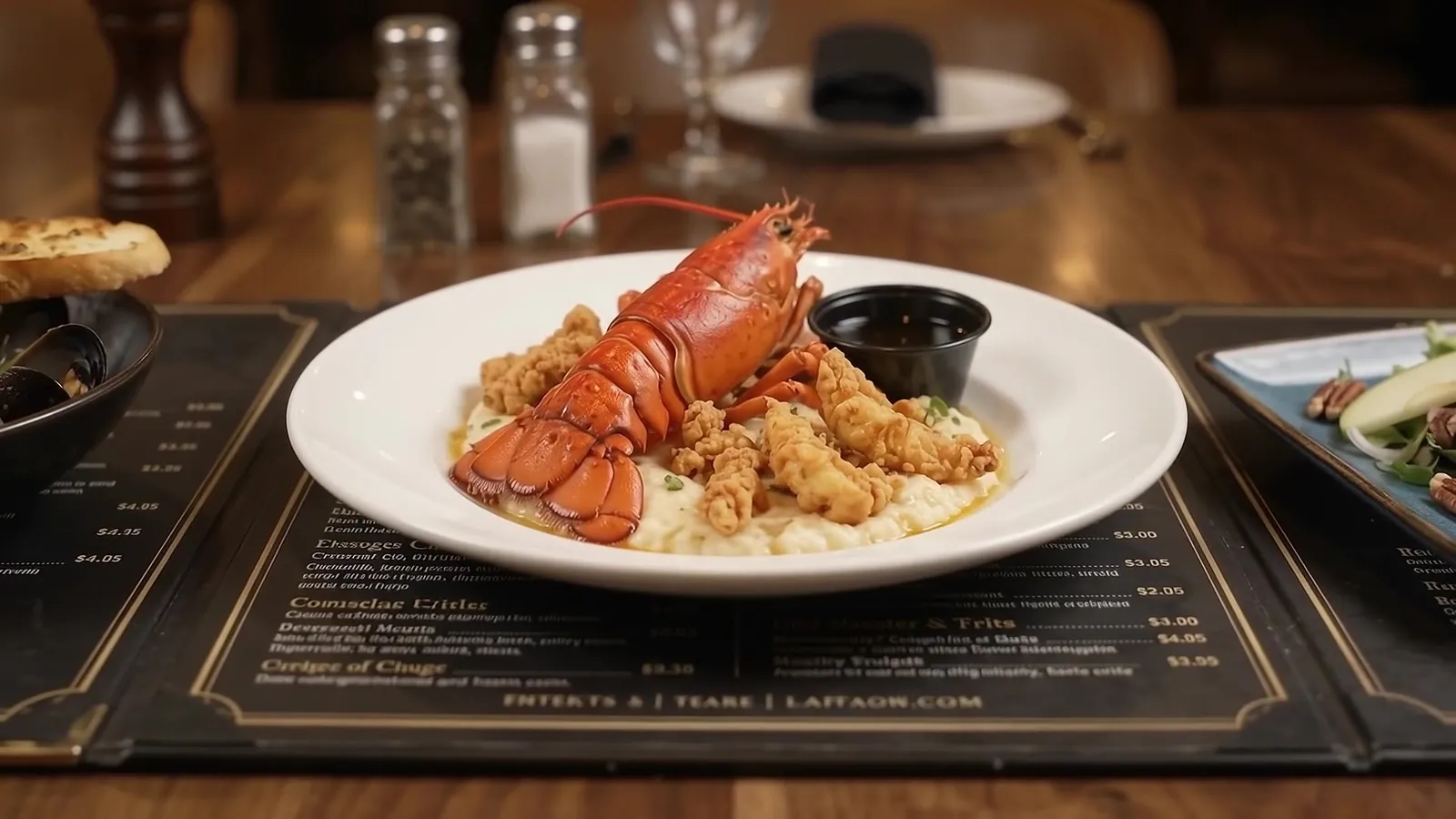 Blanco's menu on the table, with lobster and grits, mussels and a salad plated on top of it